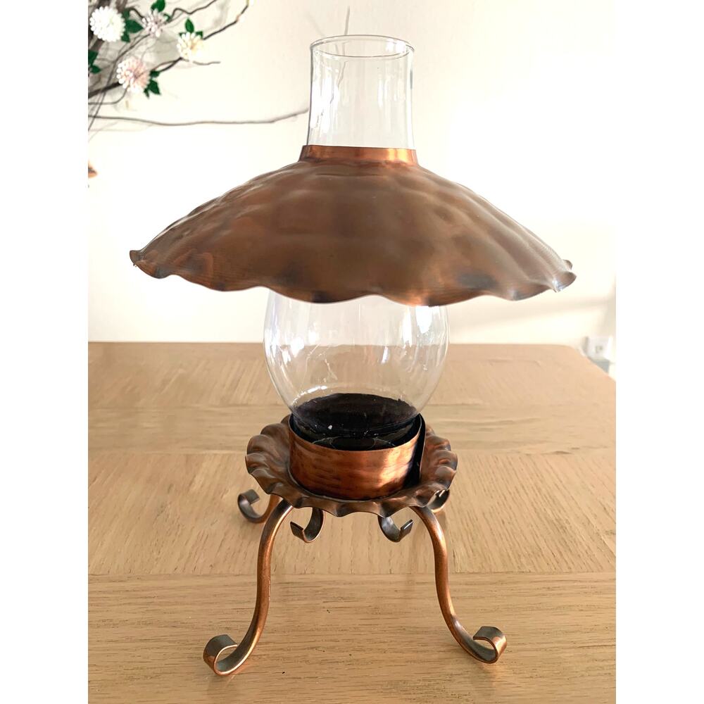 Vintage Gregorian Hammered Copper Hurricane Lamp Candle Holder USA Footed